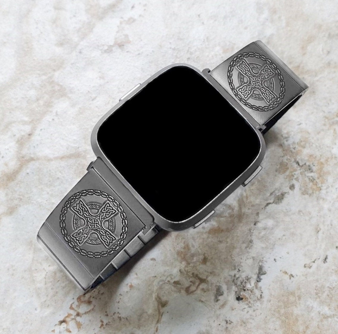 Engraved Watch Band Compatible with Fitbit Versa Lite 2 3 4 and Sense 2 Smartwatches Silver Color Stainless Steel Strap Bracelet CC2